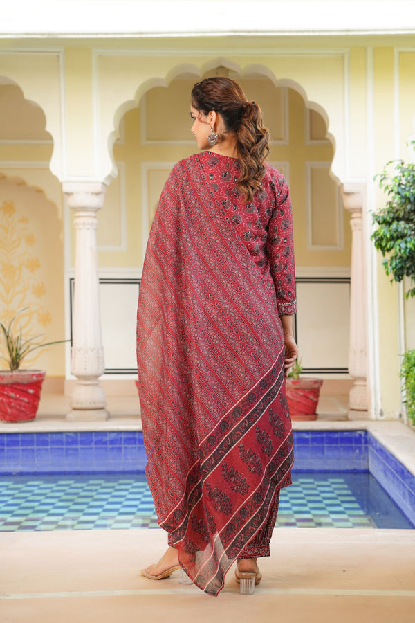 Red Rayon Blend Ethnic Motifs Printed Straight Kurta Salwar With Dupatta VKSKD2342