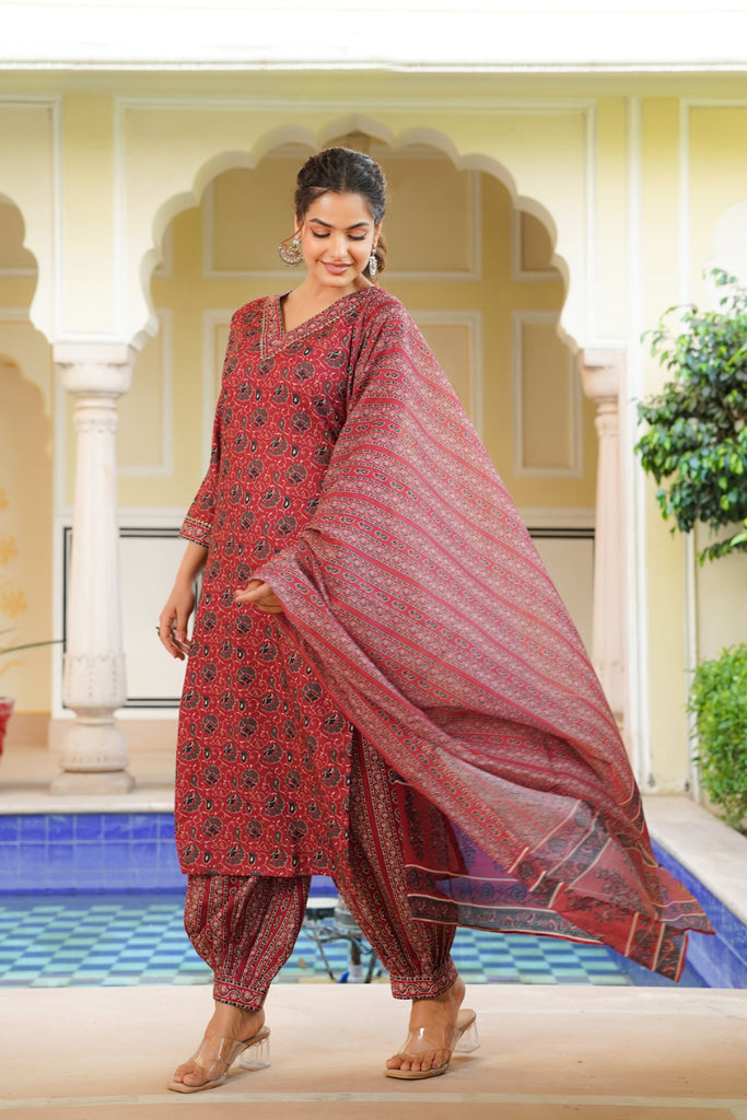 Red Rayon Blend Ethnic Motifs Printed Straight Kurta Salwar With Dupatta VKSKD2342