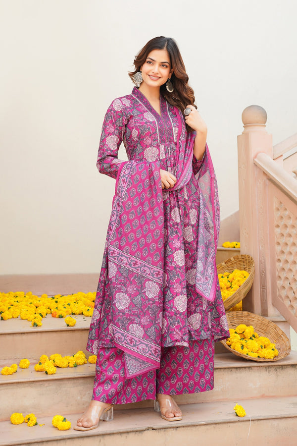 Pink Rayon Blend Floral Printed A-Line Kurta Palazzo With Dupatta VKSKD2345