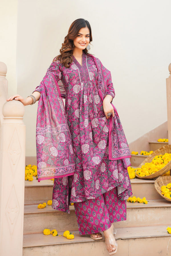 Pink Rayon Blend Floral Printed A-Line Kurta Palazzo With Dupatta VKSKD2345