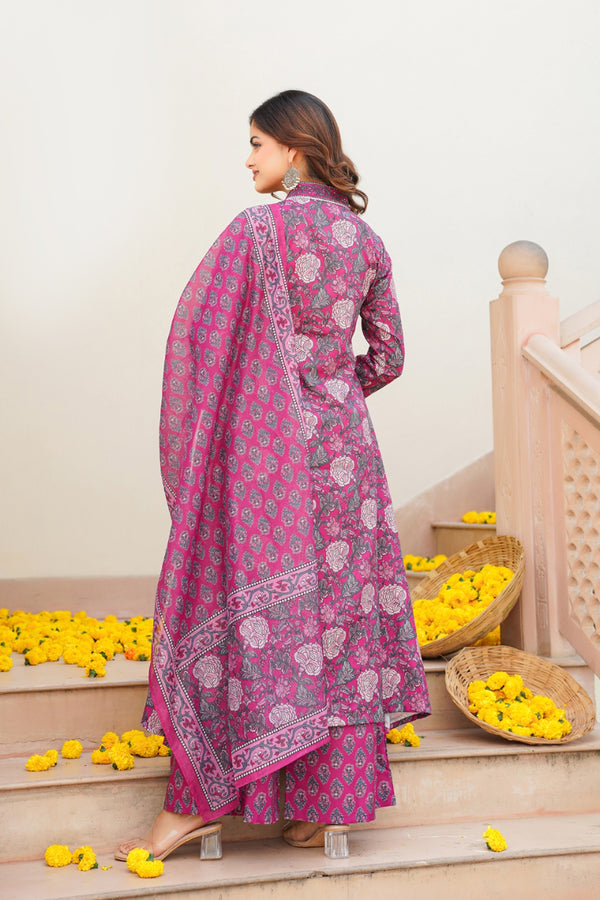 Pink Rayon Blend Floral Printed A-Line Kurta Palazzo With Dupatta VKSKD2345