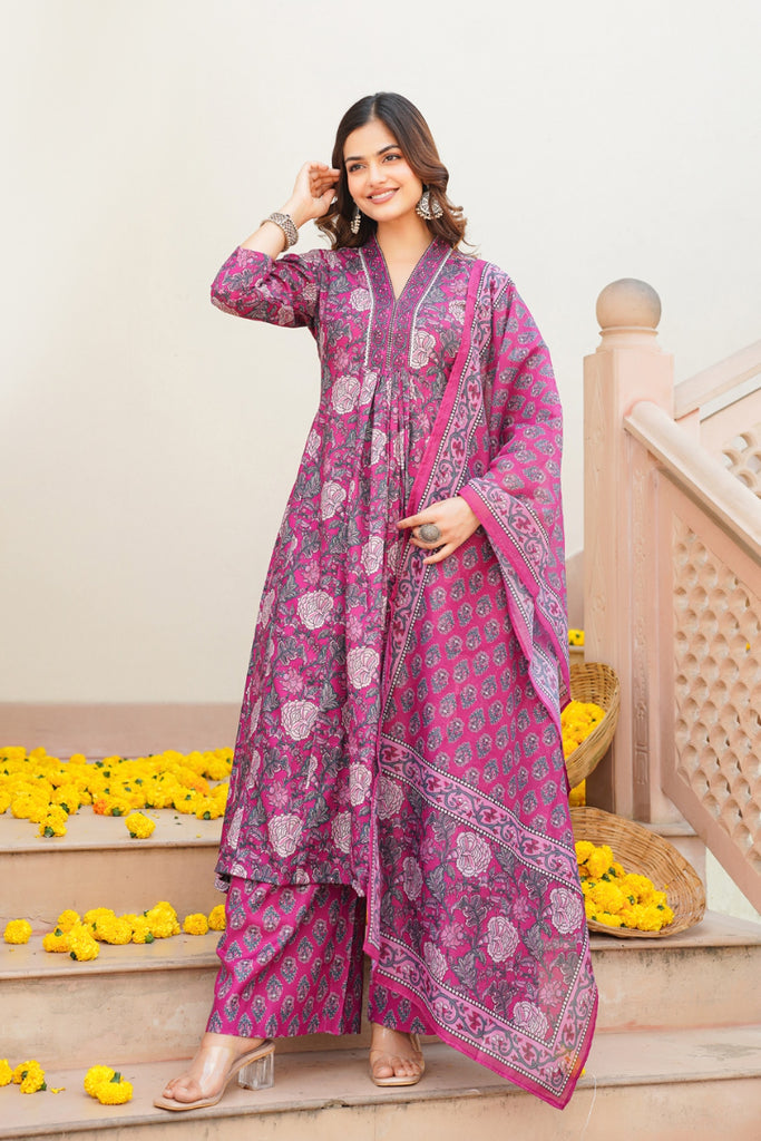 Pink Rayon Blend Floral Printed A-Line Kurta Palazzo With Dupatta VKSKD2345