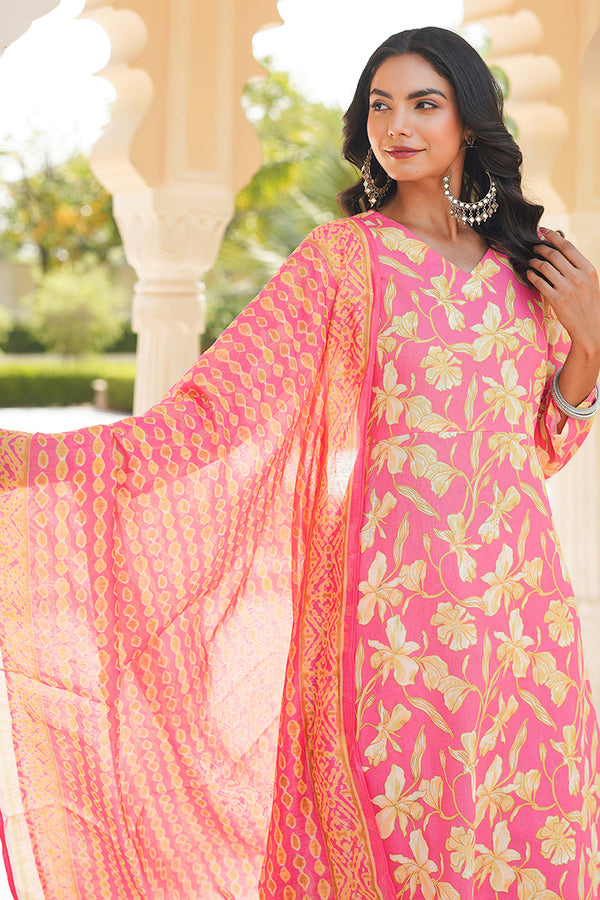 Pink Rayon Blend Floral Printed A-Line Kurta Palazzo With Dupatta VKSKD2347