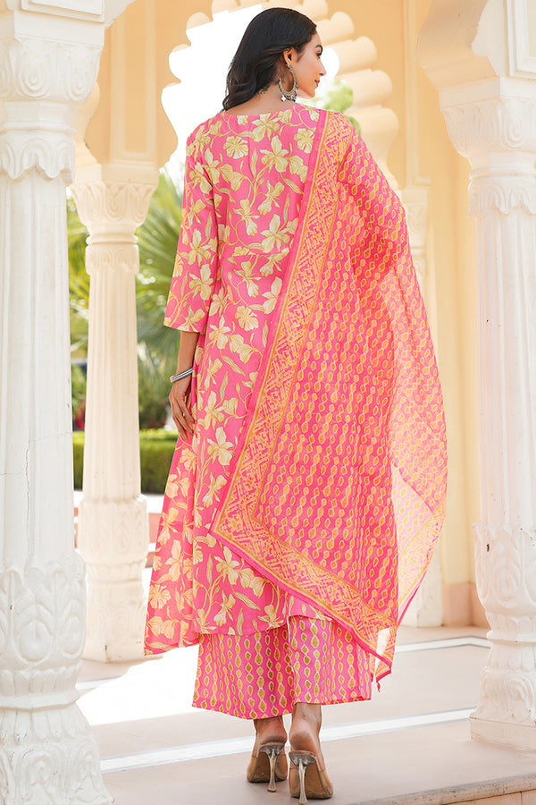 Pink Rayon Blend Floral Printed A-Line Kurta Palazzo With Dupatta VKSKD2347