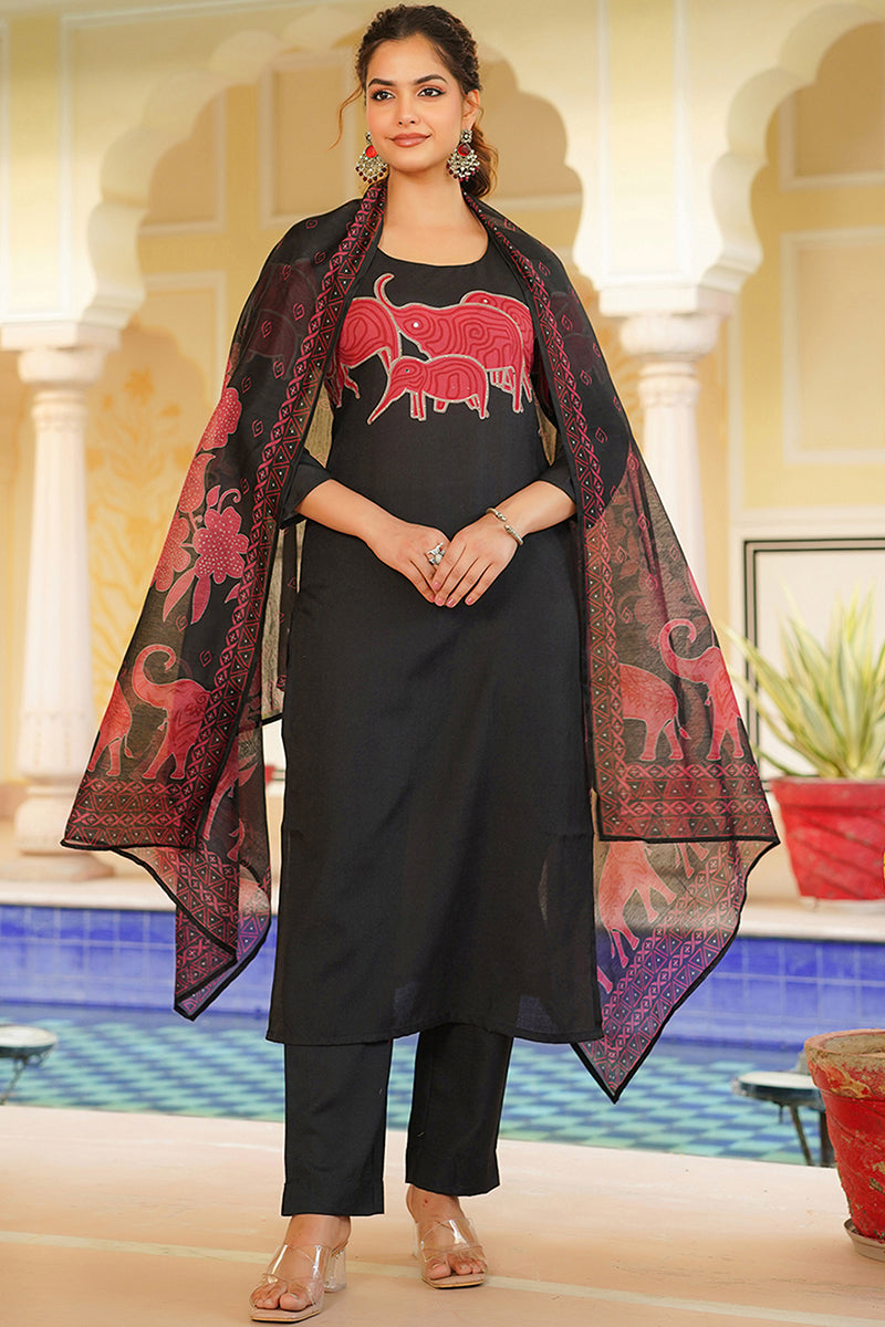 Black Rayon Blend Ethnic Motifs Printed Straight Kurta Trouser With Dupatta VKSKD2350