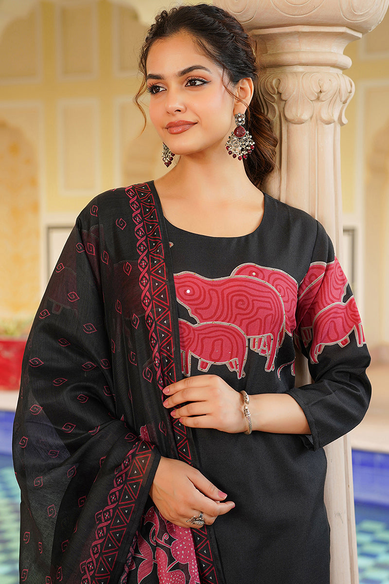 Black Rayon Blend Ethnic Motifs Printed Straight Kurta Trouser With Dupatta VKSKD2350
