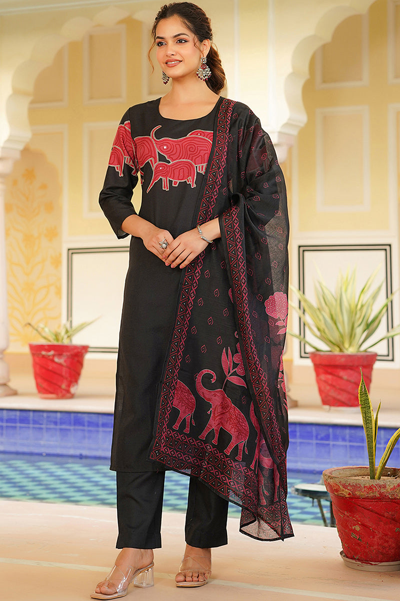 Black Rayon Blend Ethnic Motifs Printed Straight Kurta Trouser With Dupatta VKSKD2350