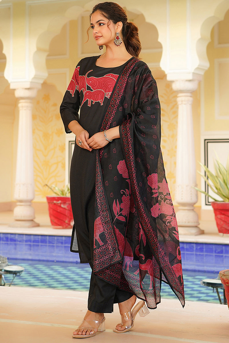 Black Rayon Blend Ethnic Motifs Printed Straight Kurta Trouser With Dupatta VKSKD2350