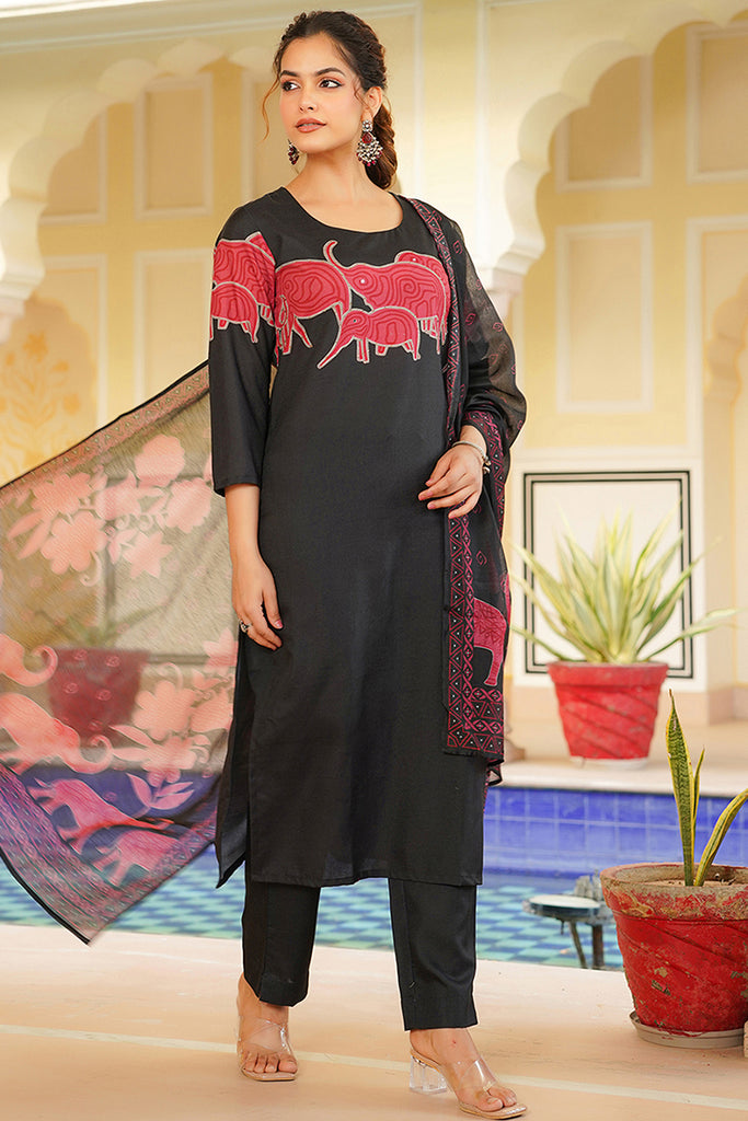 Black Rayon Blend Ethnic Motifs Printed Straight Kurta Trouser With Dupatta VKSKD2350