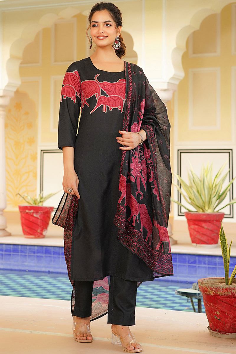 Black Rayon Blend Ethnic Motifs Printed Straight Kurta Trouser With Dupatta VKSKD2350