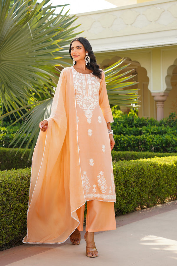 Peach Viscose Solid Embroidered Straight Kurta Palazzo With Dupatta VKSKD2351