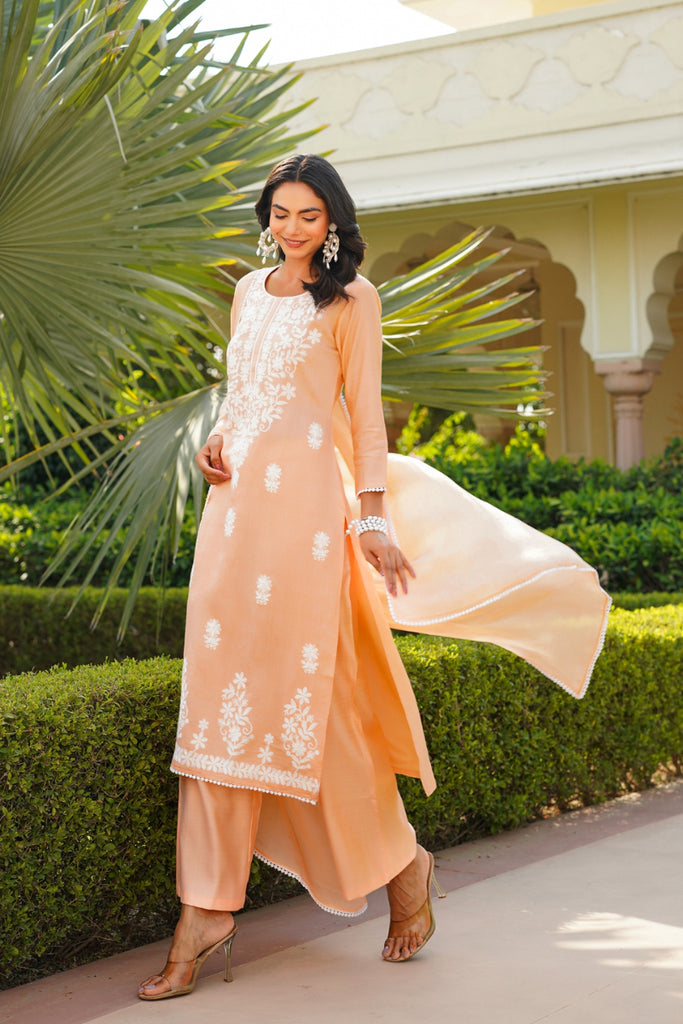 Peach Viscose Solid Embroidered Straight Kurta Palazzo With Dupatta VKSKD2351
