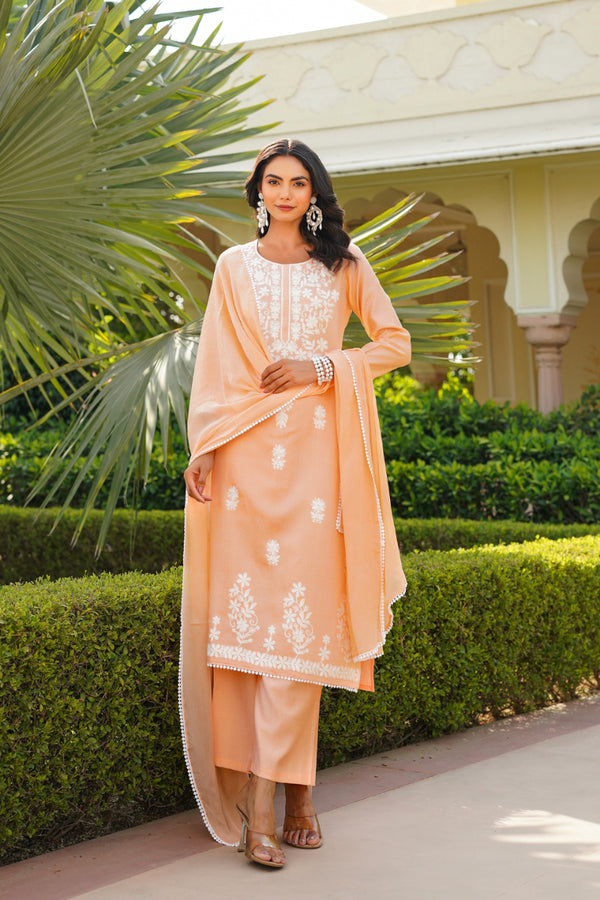 Peach Viscose Solid Embroidered Straight Kurta Palazzo With Dupatta VKSKD2351