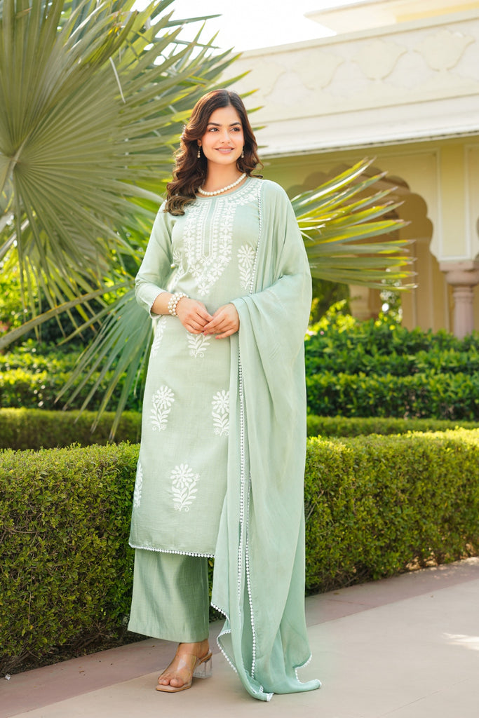 Green Viscose Solid Embroidered Straight Kurta Palazzo With Dupatta VKSKD2353