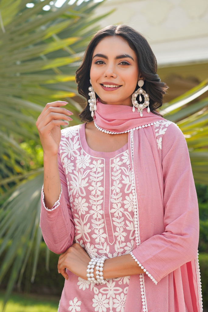 Pink Viscose Solid Embroidered Straight Kurta Palazzo With Dupatta VKSKD2354