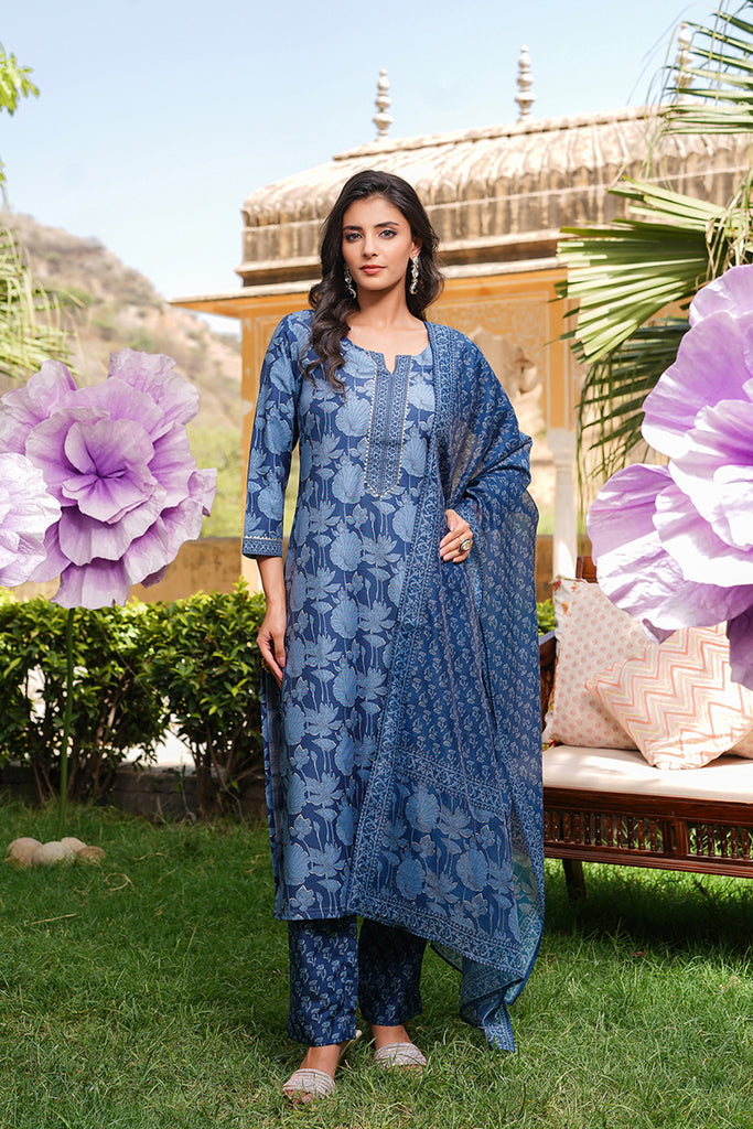 Blue Rayon Blend Floral Printed Straight Kurta Trousers With Dupatta VKSKD2360