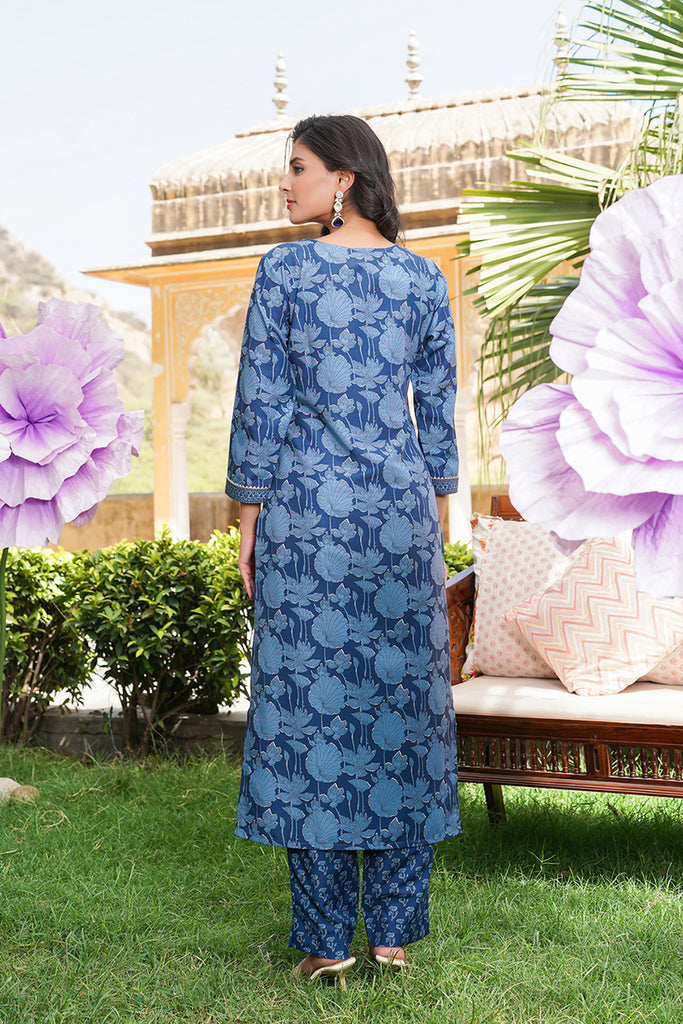 Blue Rayon Blend Floral Printed Straight Kurta Trousers With Dupatta VKSKD2360