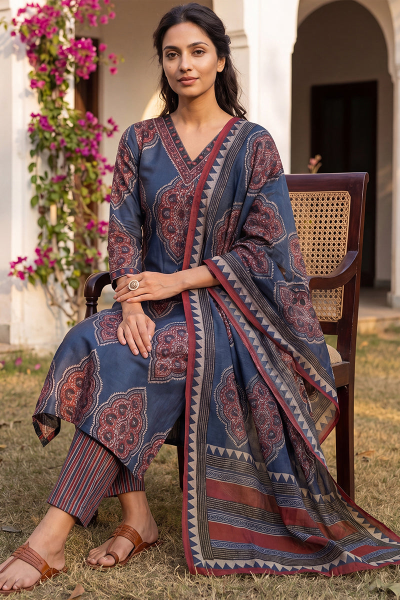 Blue Rayon Blend Ethnic Motifs Printed Straight Kurta Trousers With Dupatta VKSKD2361