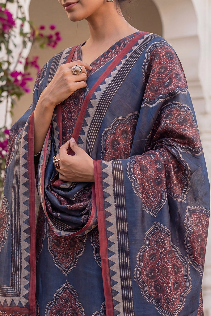 Blue Rayon Blend Ethnic Motifs Printed Straight Kurta Trousers With Dupatta VKSKD2361