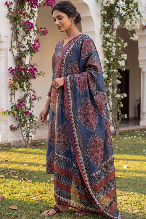 Blue Rayon Blend Ethnic Motifs Printed Straight Kurta Trousers With Dupatta VKSKD2361
