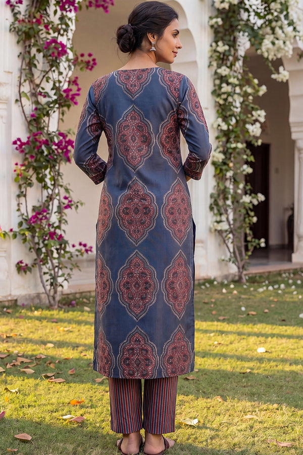 Blue Rayon Blend Ethnic Motifs Printed Straight Kurta Trousers With Dupatta VKSKD2361