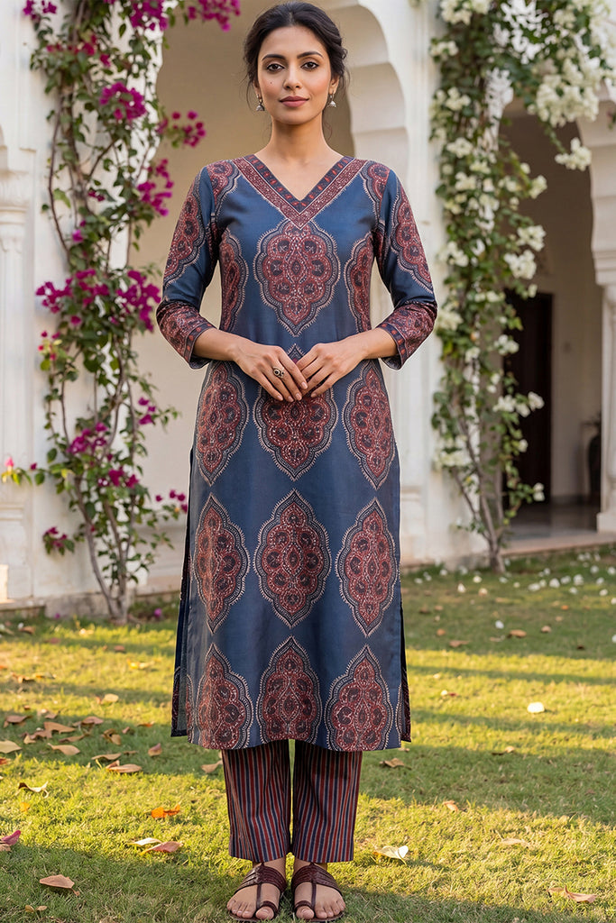 Blue Rayon Blend Ethnic Motifs Printed Straight Kurta Trousers With Dupatta VKSKD2361