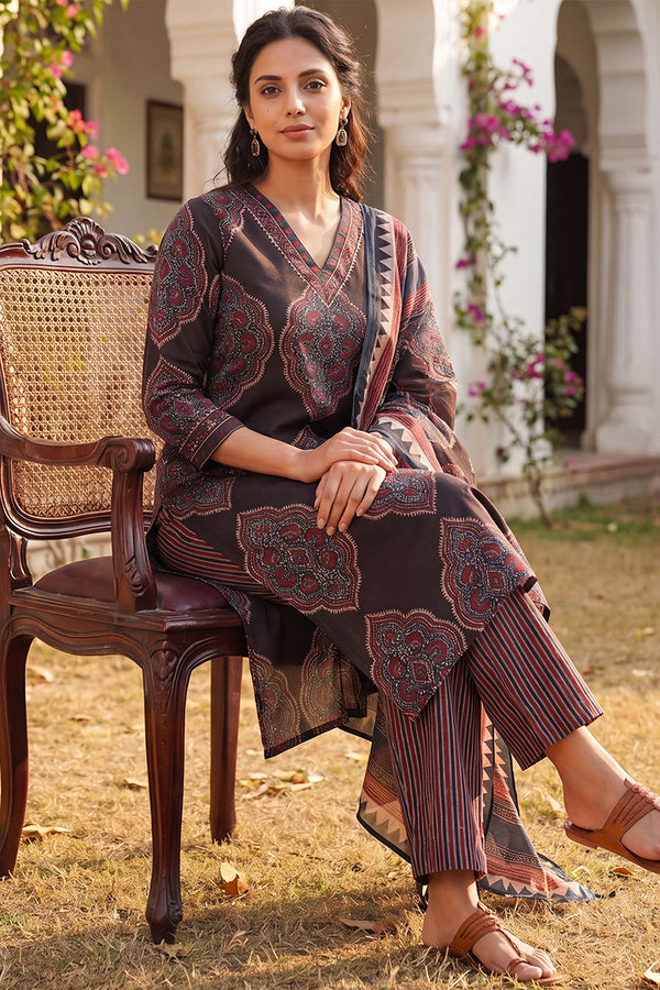 Black Rayon Blend Ethnic Motifs Printed Straight Kurta Trousers With Dupatta VKSKD2362