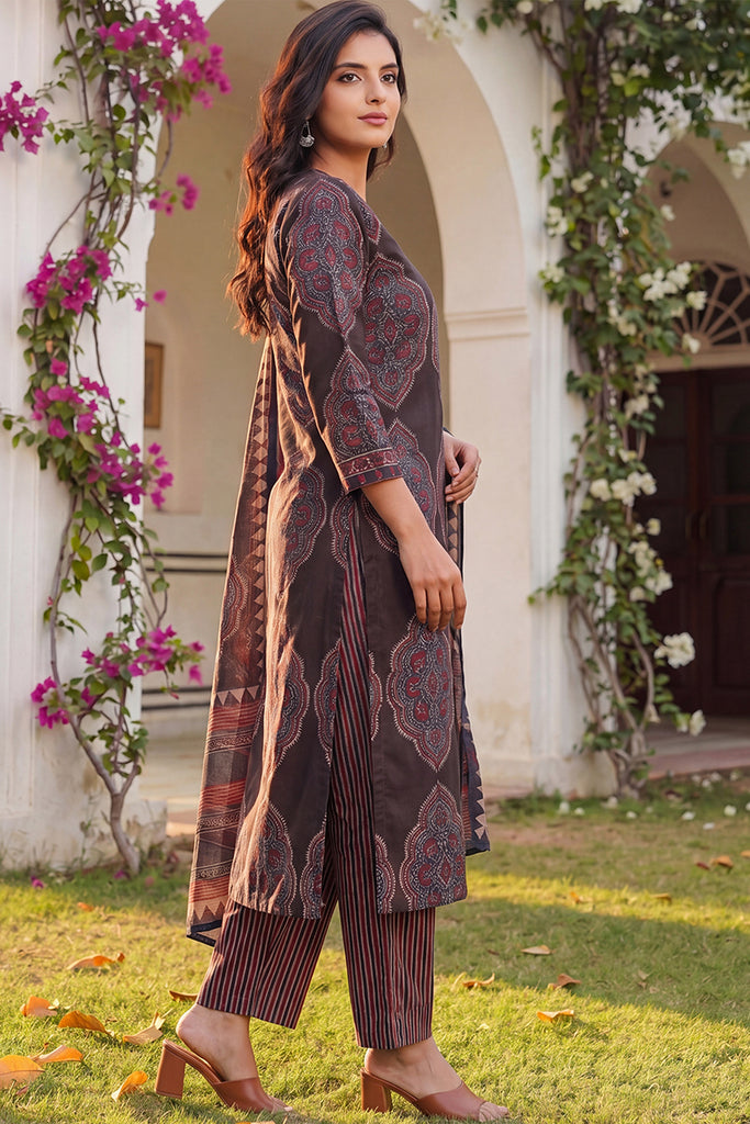 Black Rayon Blend Ethnic Motifs Printed Straight Kurta Trousers With Dupatta VKSKD2362