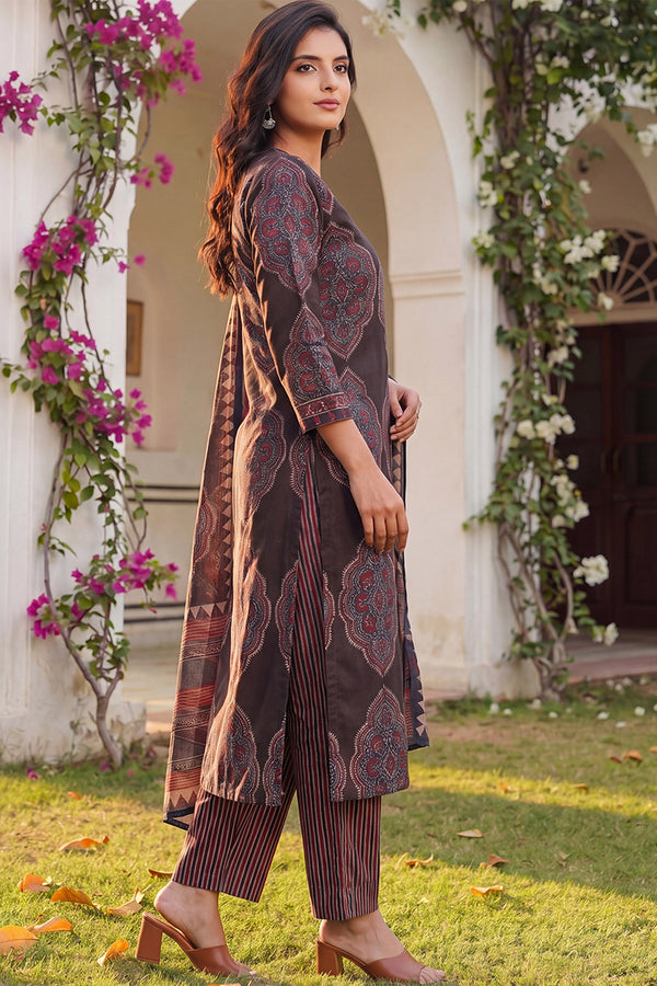 Black Rayon Blend Ethnic Motifs Printed Straight Kurta Trousers With Dupatta VKSKD2362
