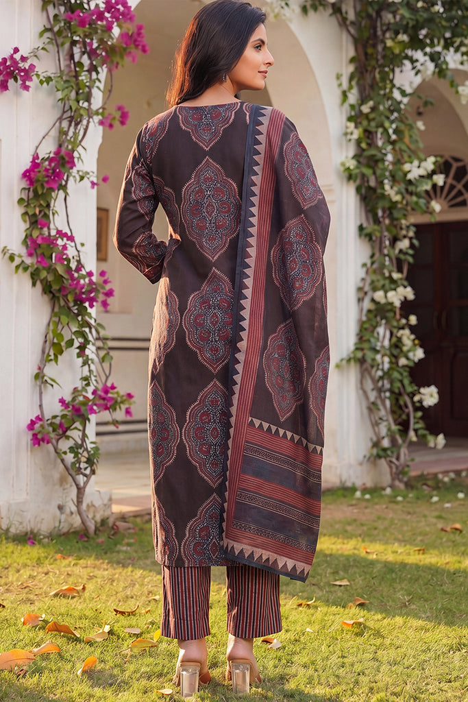 Black Rayon Blend Ethnic Motifs Printed Straight Kurta Trousers With Dupatta VKSKD2362