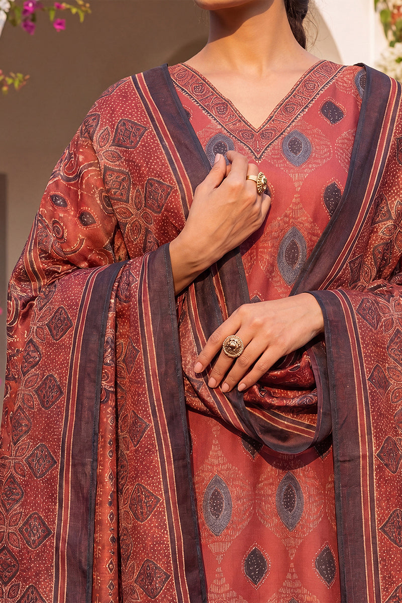 Maroon Rayon Blend Ethnic Motifs Printed Straight Kurta Trousers With Dupatta VKSKD2364