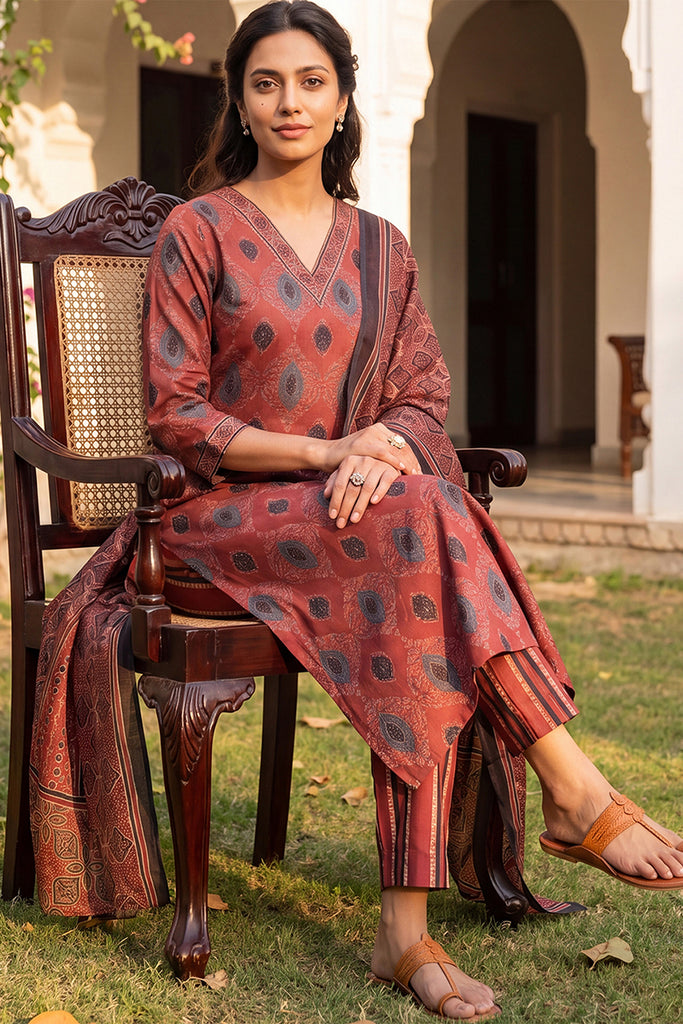 Maroon Rayon Blend Ethnic Motifs Printed Straight Kurta Trousers With Dupatta VKSKD2364