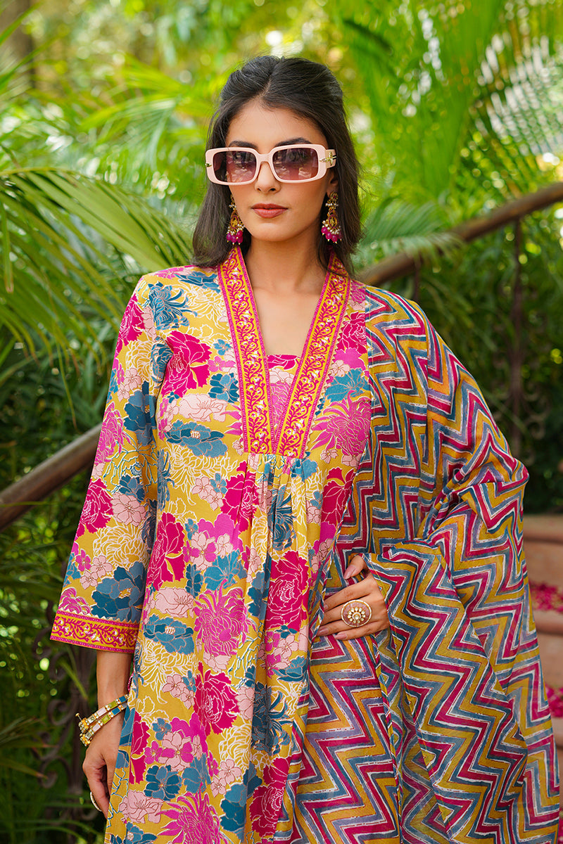 Yellow Rayon Blend Floral Printed Straight Kurta Palazzo With Dupatta VKSKD2366