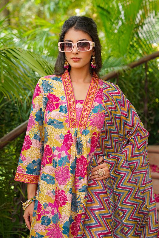 Yellow Rayon Blend Floral Printed Straight Kurta Palazzo With Dupatta VKSKD2366