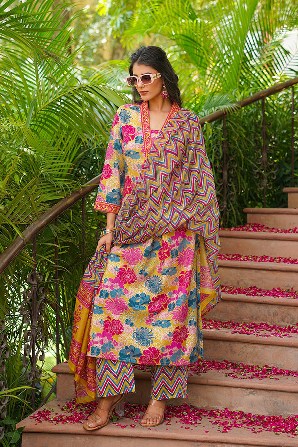 Yellow Rayon Blend Floral Printed Straight Kurta Palazzo With Dupatta VKSKD2366