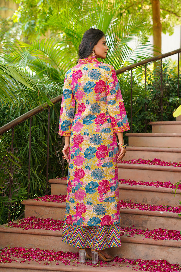Yellow Rayon Blend Floral Printed Straight Kurta Palazzo With Dupatta VKSKD2366