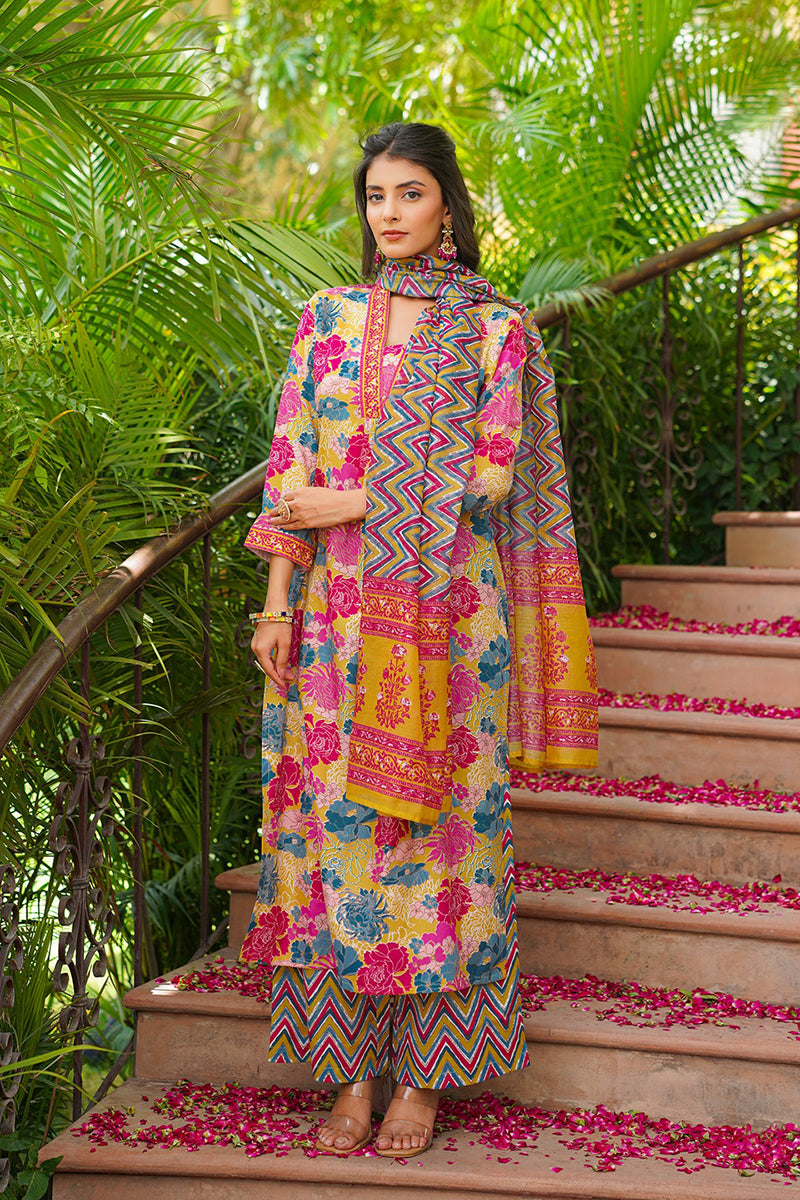 Yellow Rayon Blend Floral Printed Straight Kurta Palazzo With Dupatta VKSKD2366