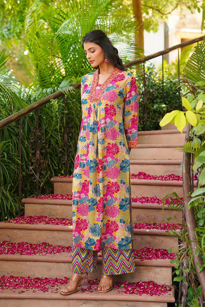 Yellow Rayon Blend Floral Printed Straight Kurta Palazzo With Dupatta VKSKD2366