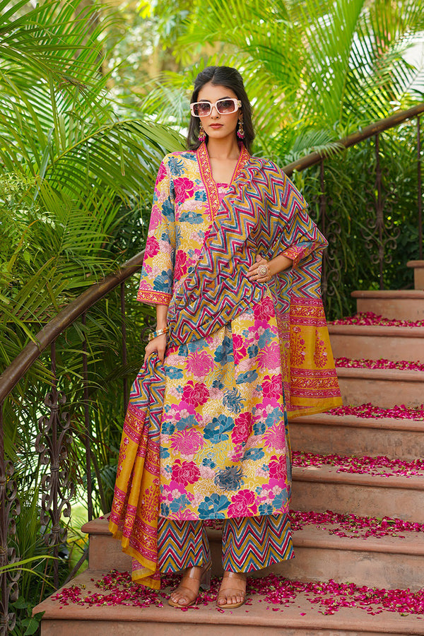 Yellow Rayon Blend Floral Printed Straight Kurta Palazzo With Dupatta VKSKD2366