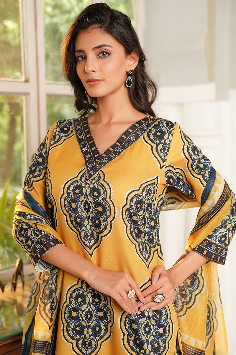 Yellow Rayon Blend Ethnic Motifs Printed Straight Kurta Trousers With Dupatta VKSKD2368