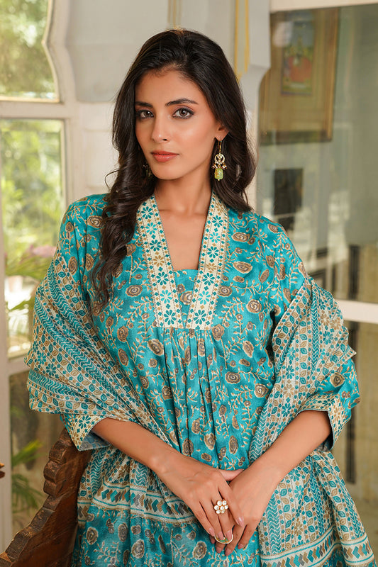 Turquoise Blue Rayon Blend Floral Printed Straight Kurta Palazzo With Dupatta VKSKD2369
