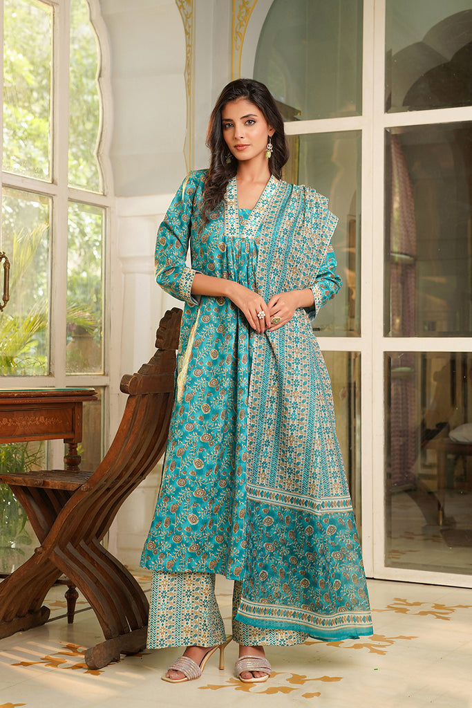 Turquoise Blue Rayon Blend Floral Printed Straight Kurta Palazzo With Dupatta VKSKD2369