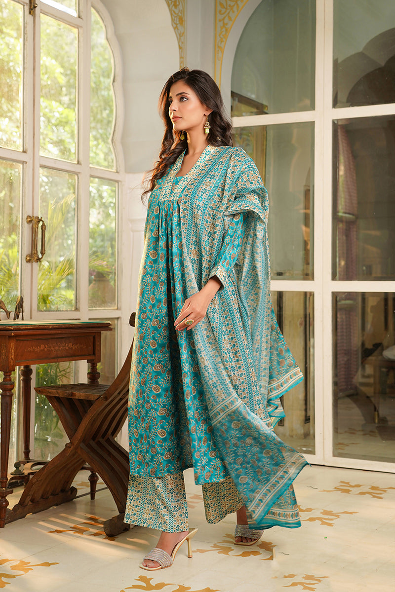 Turquoise Blue Rayon Blend Floral Printed Straight Kurta Palazzo With Dupatta VKSKD2369