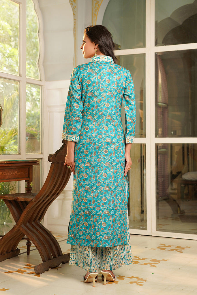 Turquoise Blue Rayon Blend Floral Printed Straight Kurta Palazzo With Dupatta VKSKD2369