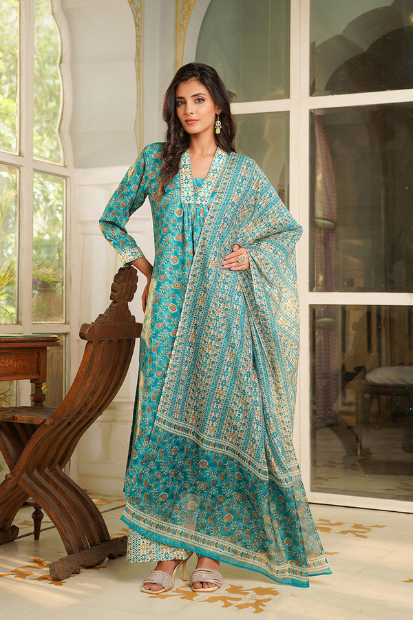 Turquoise Blue Rayon Blend Floral Printed Straight Kurta Palazzo With Dupatta VKSKD2369