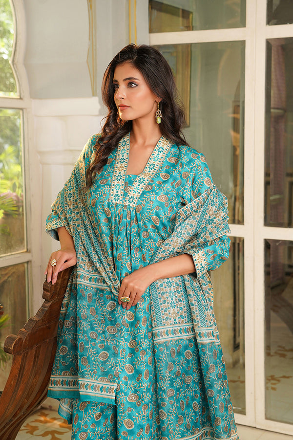 Turquoise Blue Rayon Blend Floral Printed Straight Kurta Palazzo With Dupatta VKSKD2369