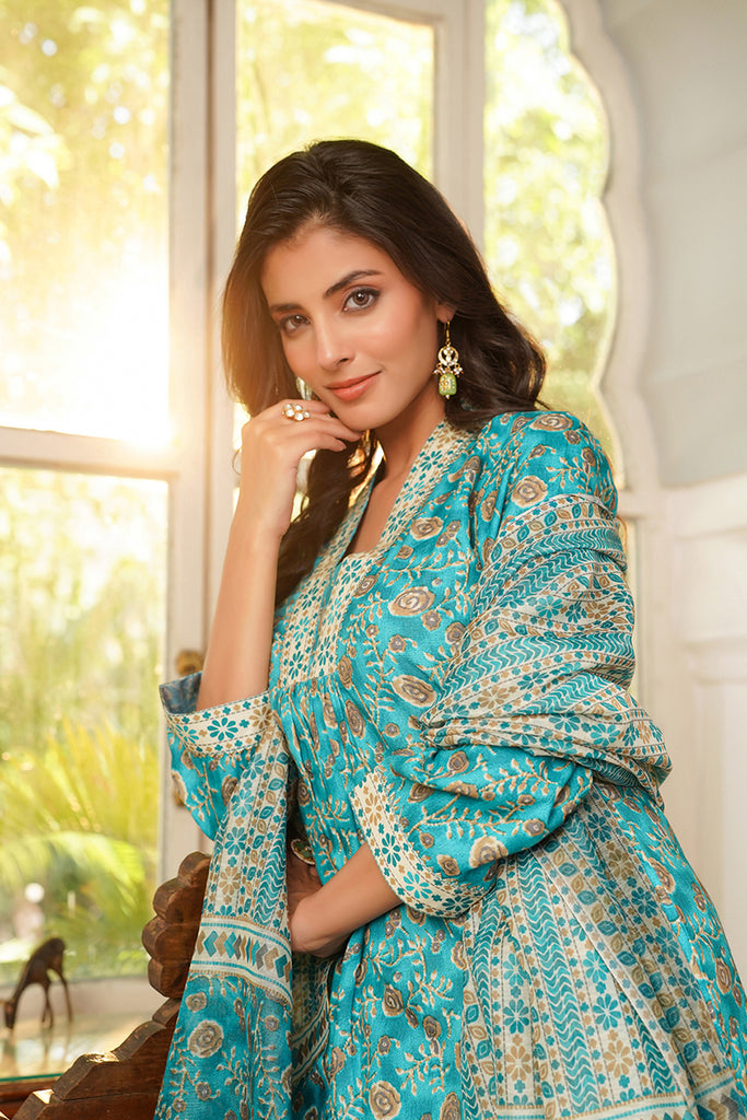 Turquoise Blue Rayon Blend Floral Printed Straight Kurta Palazzo With Dupatta VKSKD2369