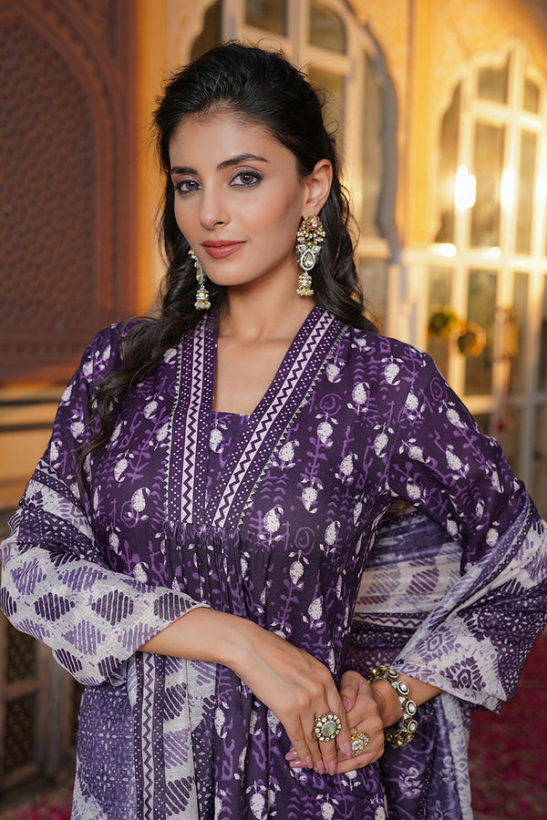 Purple Rayon Blend Batik Printed Straight Kurta Palazzo With Dupatta VKSKD2370