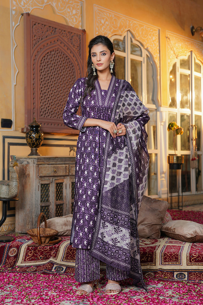 Purple Rayon Blend Batik Printed Straight Kurta Palazzo With Dupatta SETVKSKD2370 (M To 3XL Set)