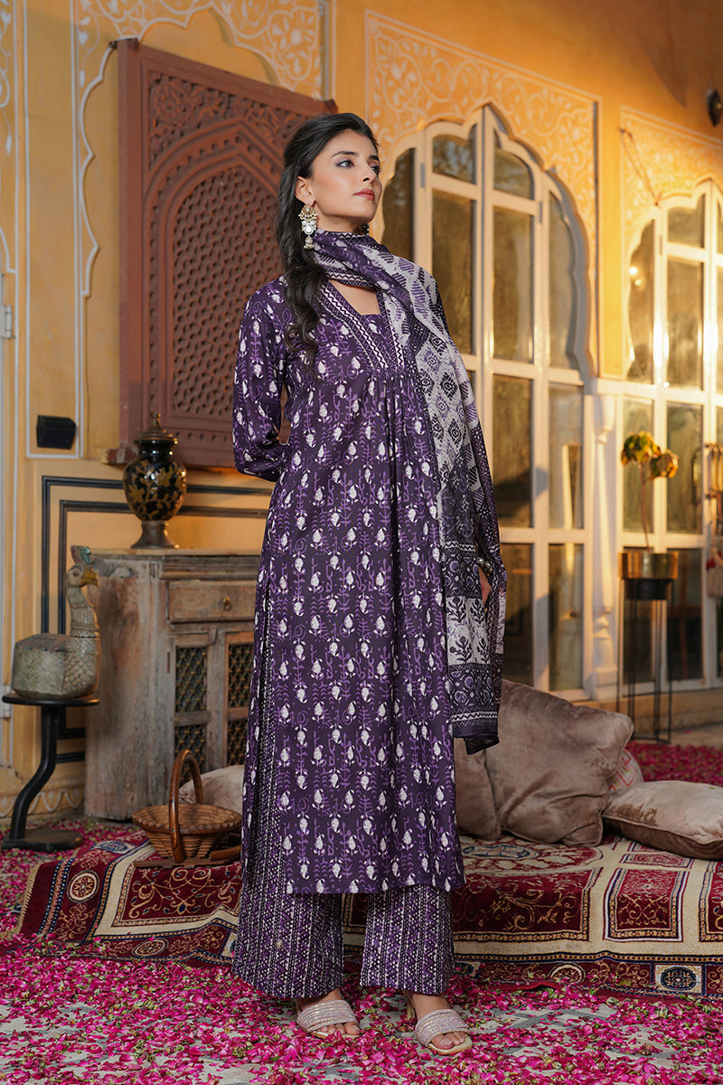 Purple Rayon Blend Batik Printed Straight Kurta Palazzo With Dupatta SETVKSKD2370 (M To 3XL Set)
